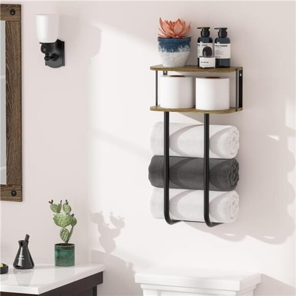 Towel Racks with 2-Tier Wood Shelf, Bathroom Shelves Wall Mounted - Picture 4 of 7